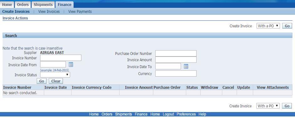 Creating invoices in isp To create an Invoice on a purchase order, you need to navigate to the