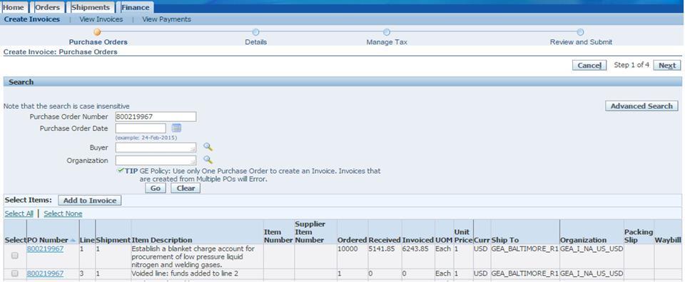 Creating invoices in isp Enter the purchase order number followed by a percentage sign (%) and click the Go button.