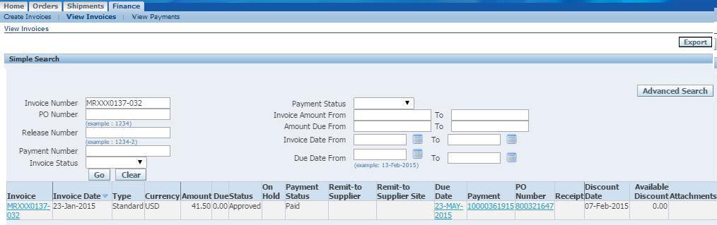Checking invoice status Search by the invoice number in question to view invoice details.