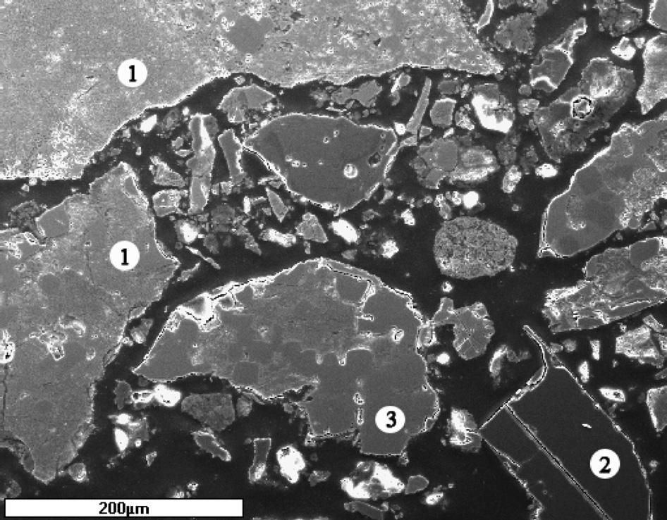SEM investigation of the original BOF slag: (1) calcium silicate, (2) MgO, and (3) fragment rich in iron, manganese and magnesium. According to the XRD analysis, Fig.