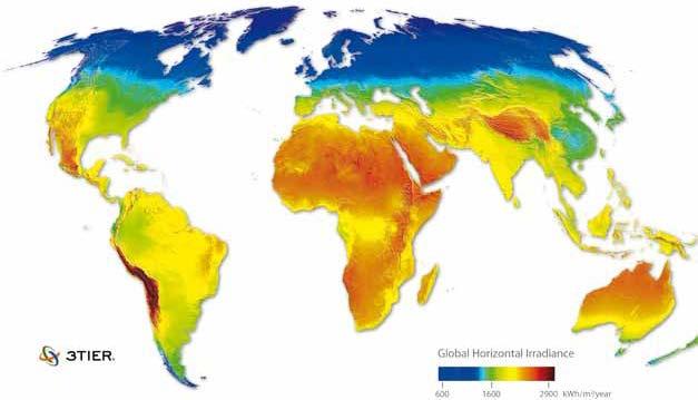 Solar resource map from IEA Technology Roadmap Solar heating and Cooling Solar radiation in West