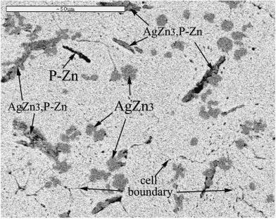 The addition of 1 mass% Ag to the Sn-Zn alloy results in a few needle-like precipitates of the phase, dendritic blocks of the
