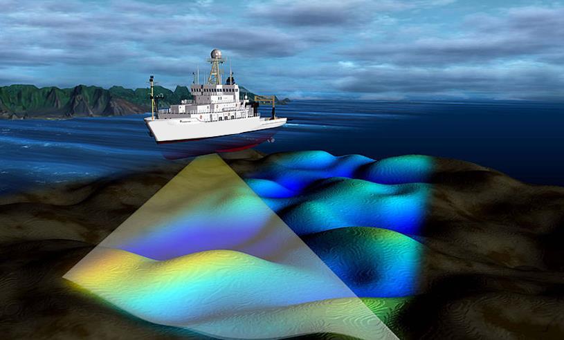 A multibeam echosounder is a type of sonar that is used to map the seabed. Like other sonar systems, multibeam systems emit sound waves in a fan shape beneath a ship's hull.