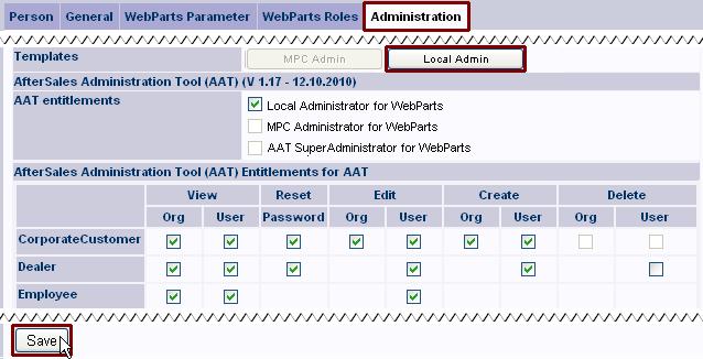 Select DealerAdmin as the WebParts authorization and click on the [ Save ] button to save your entries.