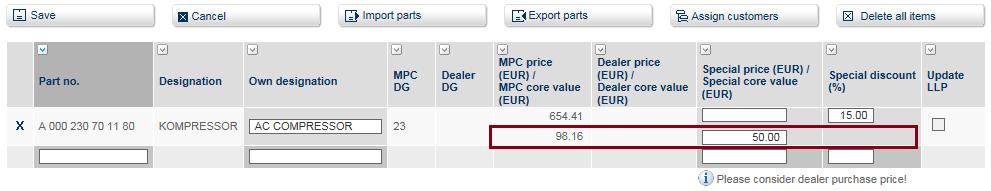 The updated parts list now contains the new part plus the designation and price information defined in WebParts.