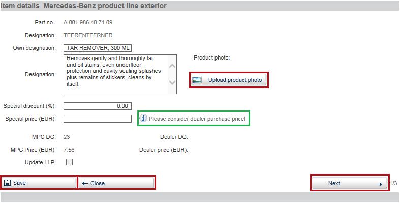 In the "Own designation" field, you can specify a deviating designation for the respective product if necessary. Product characteristics are defined in the "Description" field.