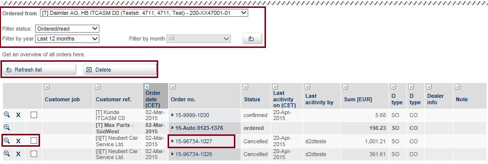 The filter criteria currently defined appear above the order overview area.