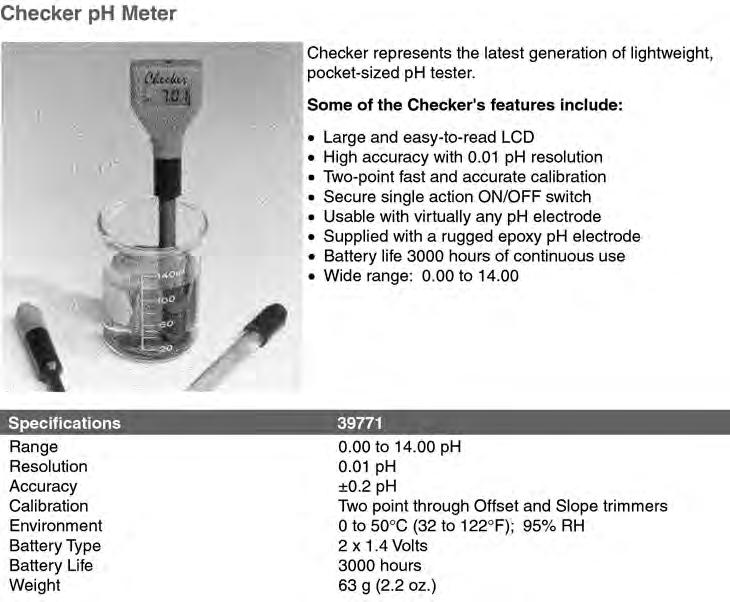 Checker ph Meter 39771 Checker ph Meter with screw-type, epoxy-body electrode 1each