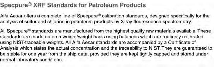 XRF Standards XRF Standards 42155 45315 42156 45348 45349 42157 42158 45316 42159 42160 42161 42162 Sulfur in Light Mineral Oil standard solution, Specpure, Blank (0.