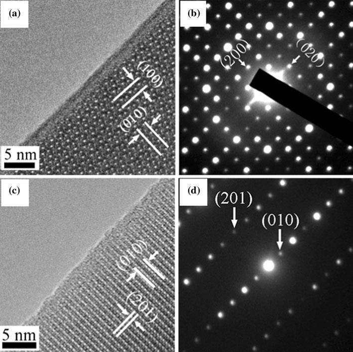 Fig. 6 a, b HRTEM image and SAED pattern of the nanobelt shown in Fig. 5a are taken in the [001] direction.