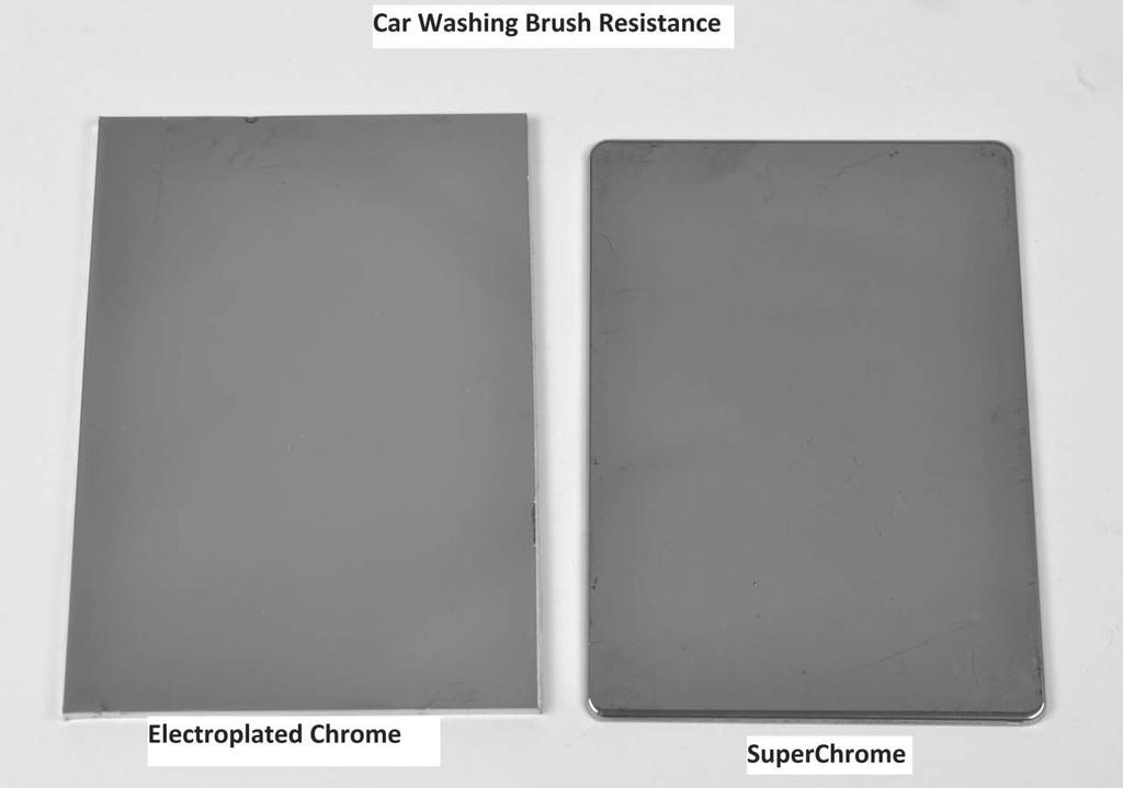 Figure 12: Car washing brush resistance test on plaques. Destructive tests were performed to compare the mechanical behavior of electroplated chromium and PVD chromium.
