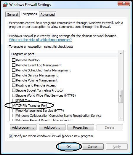 Notice that there is now an entry in the Program or port list for the port you just added. Click on the OK button to close the Windows Firewall Settings screen (See Figure 3-24).