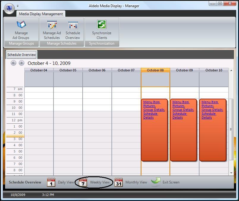 83 Weekly View Button Clicking the Weekly View button on the Settings toolbar displays the calendar for an entire week.