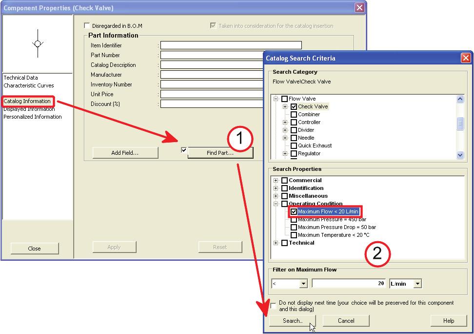 This is done by selecting the properties of a component within Automation Studio and selecting the attribute Find Part button (1) in the Catalog Information menu.