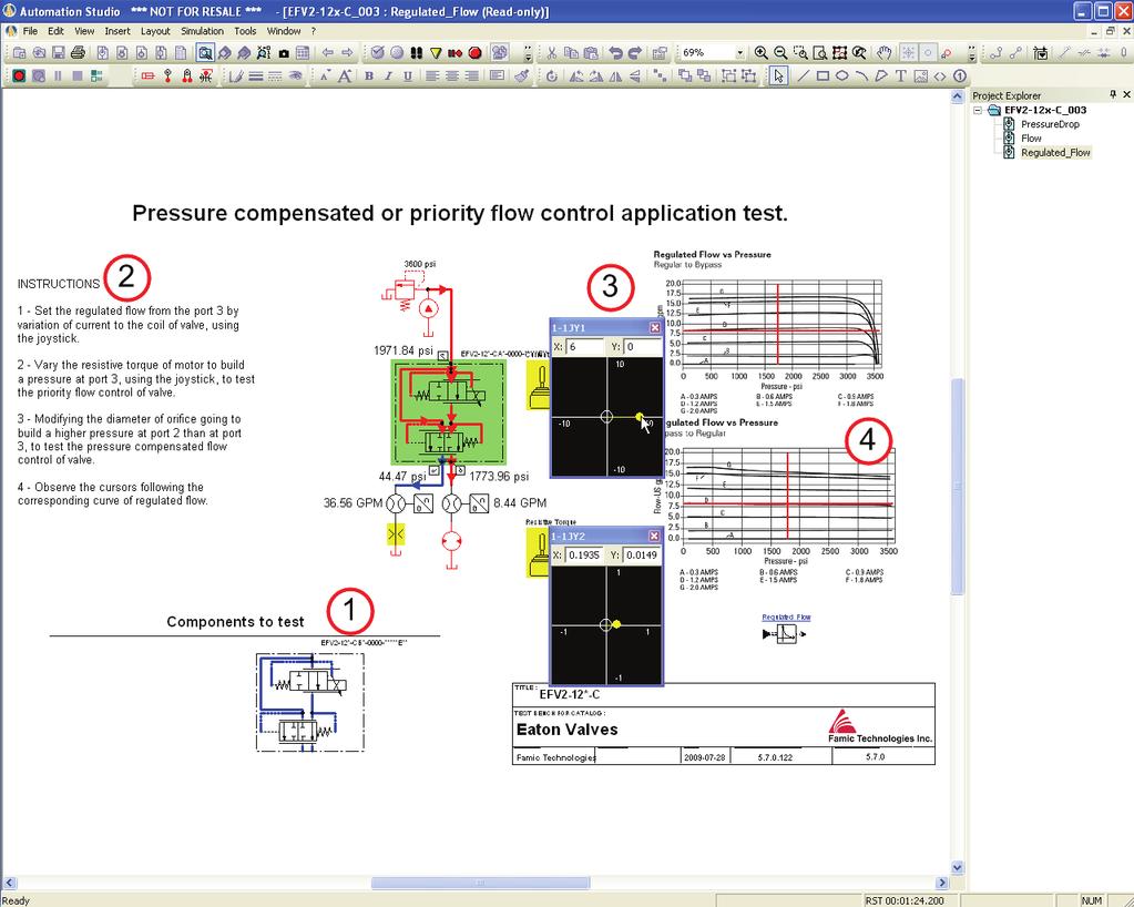 As an example, to test flow control, simply add the component to be tested (1) and run the simulation (2).