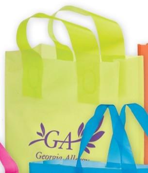 Shopper Bag (10"x13"x5") Made from 3 Mil. high density frosted colored plastic. Fused soft loop handles. Cardboard bottom insert.