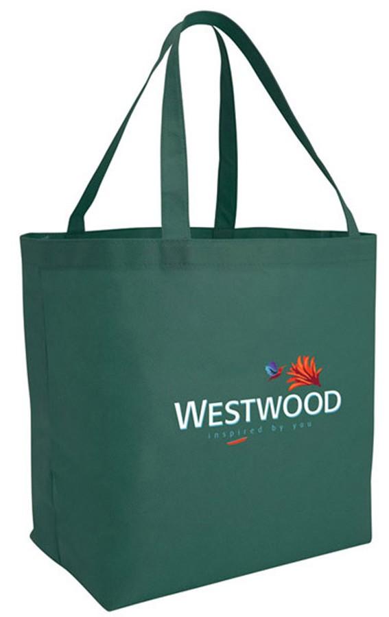 Tote Bag - 12" W x 13" H x 8" D Made from durable, water-resistant non-woven polypropylene, this recyclable tote bag is perfect to take to the grocery.