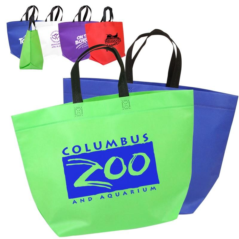 Two Tone Tote Bag - 19" W x 13" H x 7" D Made of durable and eco friendly heat sealed 80 GSM Nonwoven Polypropylene material. Spacious angular tote with large main compartment.