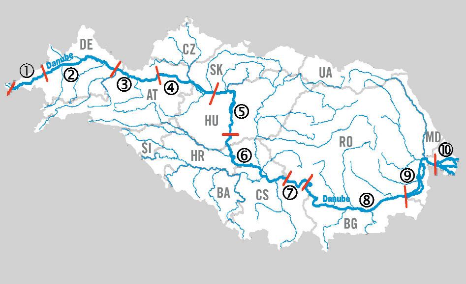 Characterisation of surface waters 39 Danube section types; the dividing lines refer only to the Danube River itself FIGURE 8 Number of Section Type Border of Section Type Tributaries National