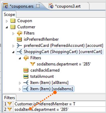 Chapter 5: Modeling and testing the 'coupons' Rulesheet Note: To reduce the collection of items in the shopping cart to only those we want to count, we will use a Filter expression to filter the