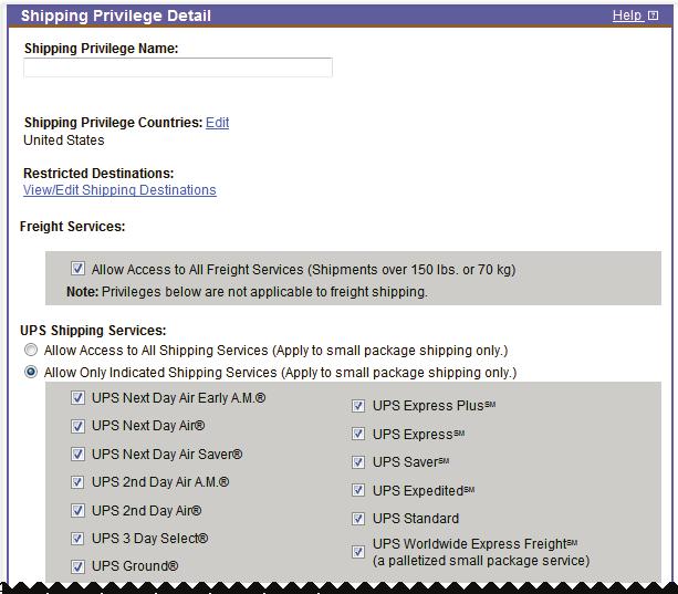 Manage shipping privileges (cont.) Create new shipping privileges If you would like to customise privilege sets for small package shipments, you must create them before you can assign users to them.