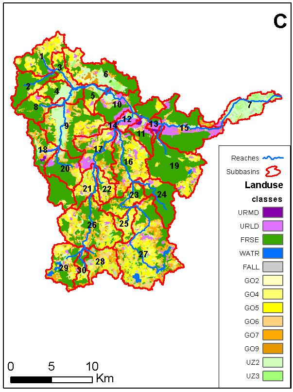 Model setup key features SWAT2009 50m resolution DEM Delineation into 30 subbasins Corine Land Cover map 13 classes of land use Soil maps 17 classes of soils 465 HRUs Precipitation data from 5