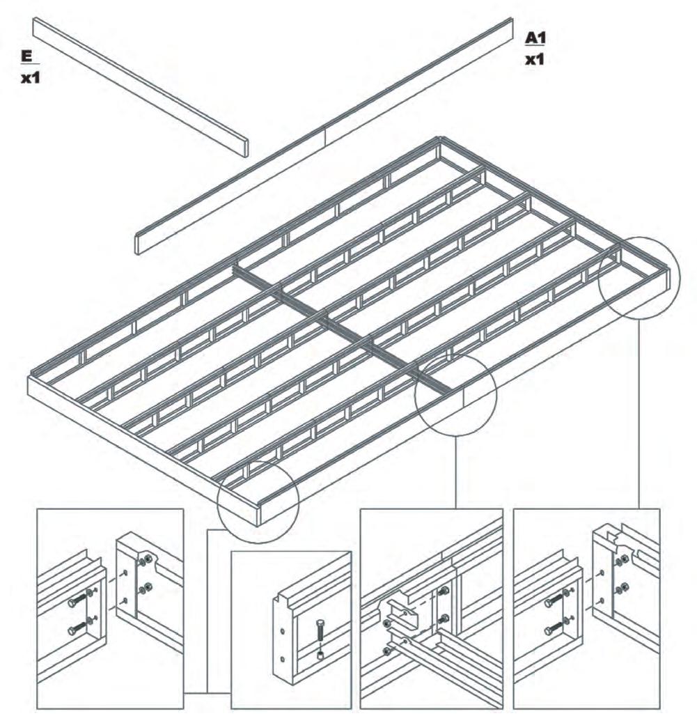 Fix the remaining side beams (A) to the rear beam (B) and the front beam (E) (has no floor track). Use leveling bolts to level basement as shown.