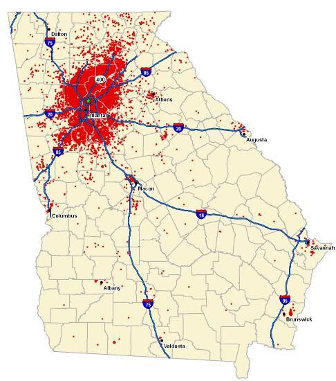 points zoomed to the Metro Atlanta region. The maps show clear concentrations in Atlanta along the GA 400 corridor.