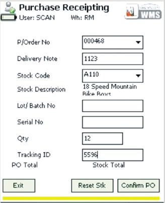 Purchase receipting A WMS module similar to the standard SYSPRO purchase receipting module allows the receiving department the ability to process all normal purchase receipts for stock items directly