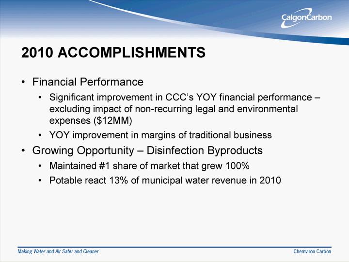 2010 ACCO MPLISHMENTS Finan cial Performance Sign ifican t improvement in CCC's YO Y financial perfo rman ce - exclu ding impact of no n-recurring legal and env ironmental ex pen ses ($12MM) YOY