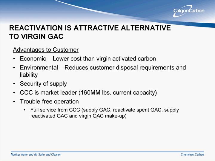 REACTIVATION IS ATT RACTIVE ALTERNATIVE TO VIRGIN GAC Adv antag es to Customer Eco nomic - Lower cost than v irgin activ ated carbon En vironmen tal - Reduces custo mer dispo sal req uirements and