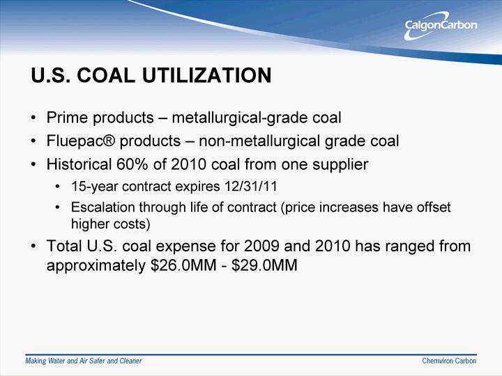 U.S. COAL UTILIZATION Prime produ cts - metallurgical-grade coal Fluepac(r) products - non-metallurgical g rade coal Historical 60% o f 2 010 coal from o ne supplier 15 -year contract