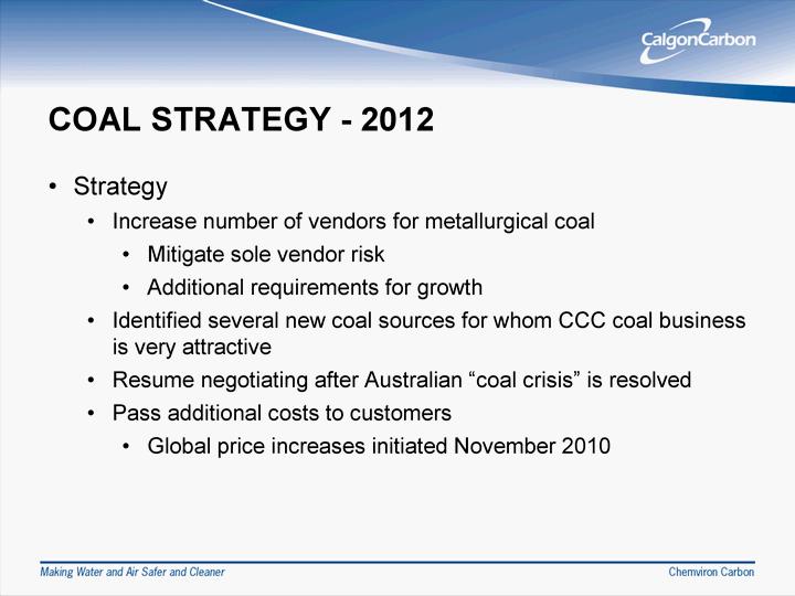 COAL STRATEGY - 2012 Strategy Increase number of vendors for metallurgical coal Mitig ate sole vendor risk Additional requirements for growth Id entified several new co al sources for whom
