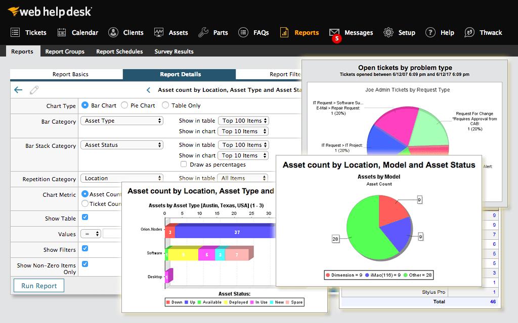 Built-in reporting and performance monitoring Web Help Desk offers a built-in comprehensive reporting engine to generate charts and reports for your various performance measurement needs.