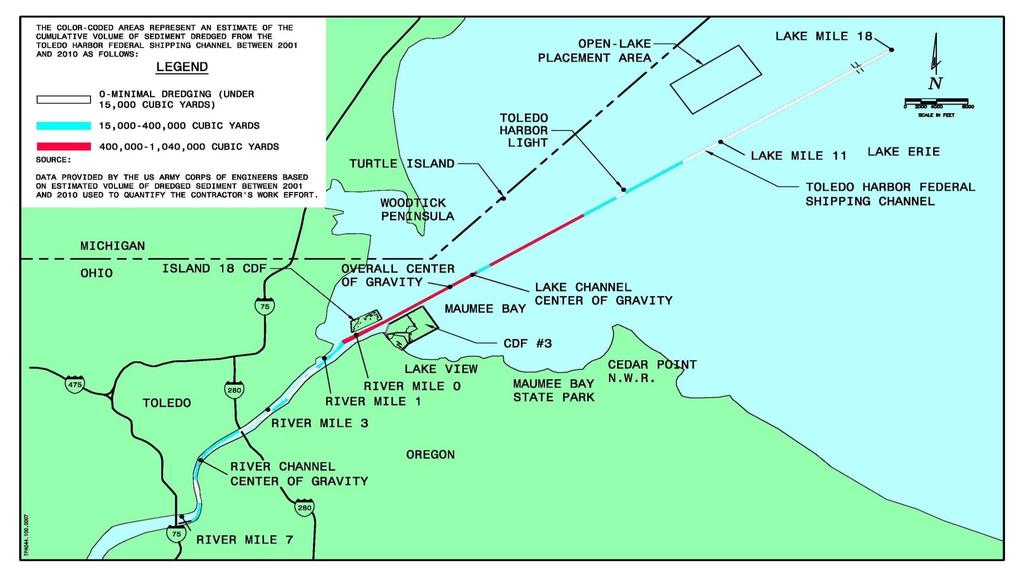 TOLEDO HARBOR DREDGING Federal Channel spans RM 7 to LM 18 (25 miles, 400-500 ft.