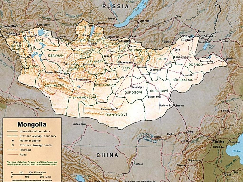 Mongolia in figures Territory: 1.5 million square kms (19th largest in the World) The total length of border: 8.2 thous.km of which: with Russia 3.5 thous.km with China 4.7 thousand km Population: 3.