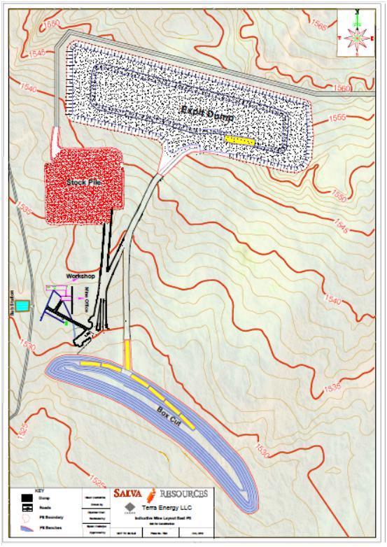 8 Mine Design Work A start up mine design has been developed which consists of the initial box cut which is a long design that follows the crop/sub-crop along