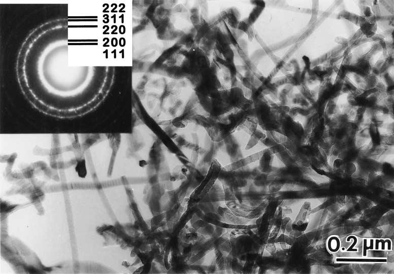 Figure 2 Micrograph showing SiC nanorods formed in the product. The inset is the diffraction pattern of the nanorods. The diffraction pattern can be indexed as β-sic.