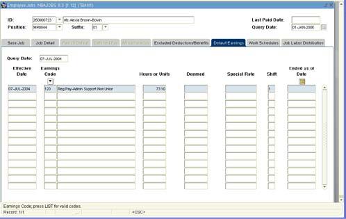 4. Default Earnings tab - use to view how Payroll determines the pay based on the number of Hours and the employee type.
