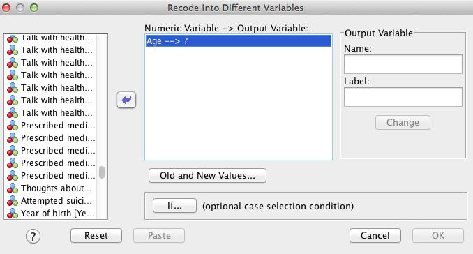 Example 1: Recoding a continuous variable (age) 1. Go to Transform > Recode into Different Variables 2.