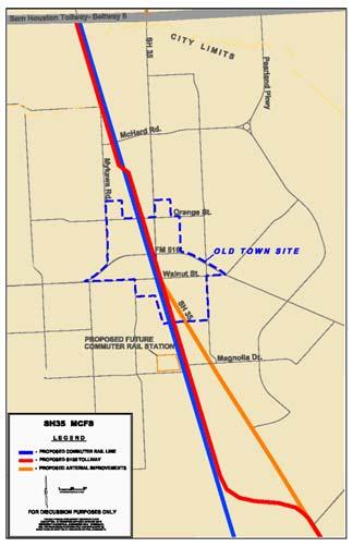 SH 35 in Pearland Toll Road Alignment revised to go through Pearland along BNSF Railroad Connects with existing SH 35 north of Dixie Farm Road Arterial Improvements and Commuter Rail have not been