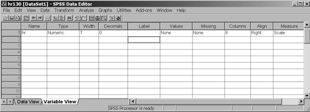 2 The SPSS Variable View for the SPSS Worksheet for hr130.