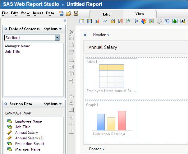 102 Chapter 10 Creating Reports with SAS Web Report Studio 10. Click Finish. The report opens in Edit mode. 11. Save the report by selecting File ð Save As.
