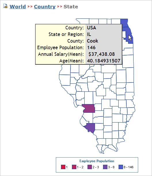 Click the Illinois region of the map to drill down to the next level, a state map: When the mouse pointer is over Cook County, a data tip displays statistics for that county.