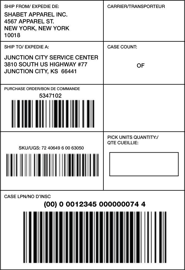UCC-128 (aka GS1-128) Common Shipping Label SSCC Section 6 Carton Packing, UCC/EAN 128 standard outer carton bar code label is required.