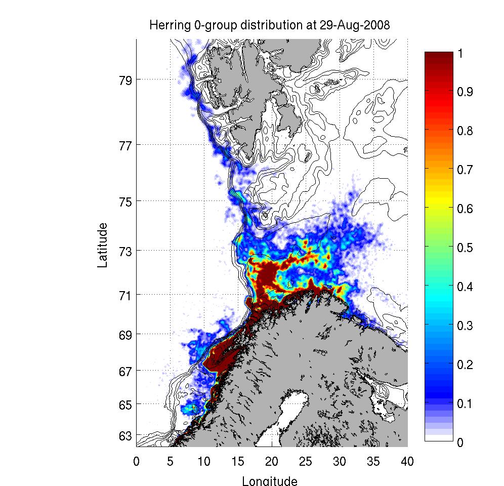 Modelled herring larvae mid April based on historic spawning records (left