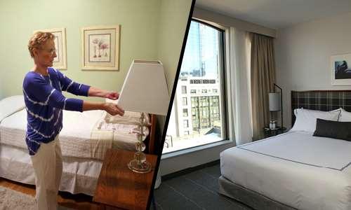 Left: Boston-area Airbnb hosts prepares her spare room for rent Right: A suite at the Godfrey Hotel, a recent addition to Boston's hotel offerings.