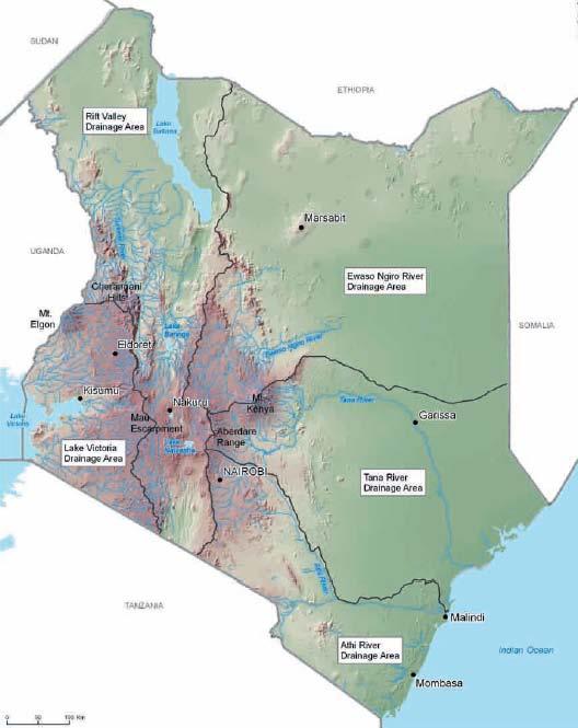 6. There are five major water towers in Kenya, namely: Mt Kenya, Aberdare Ranges, Mau Complex, the Cherangani Hills and Mt. Elgon as depicted in Figure 3.2 below.