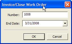 Figure 28 Work Order to close Enter a work order number and service completion date. Click the OK button.