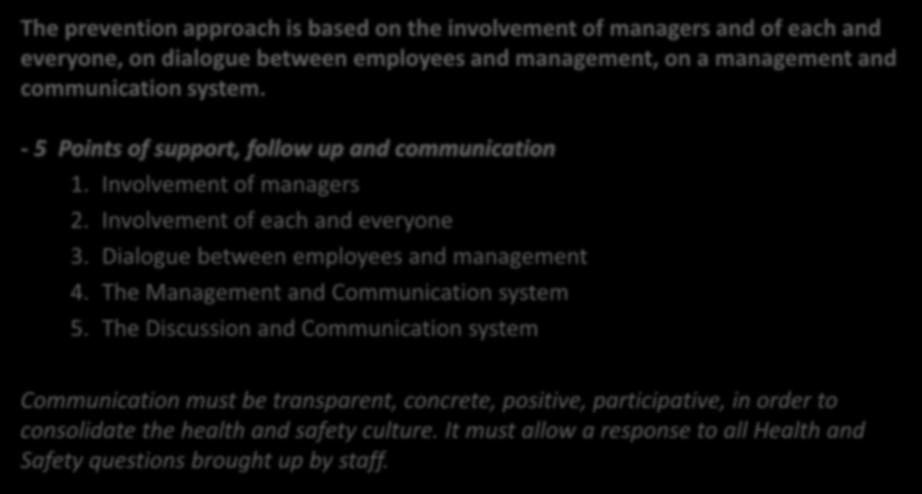 Chapter 2 Support points The prevention approach is based on the involvement of managers and of each and everyone, on dialogue between employees and management, on a management and communication